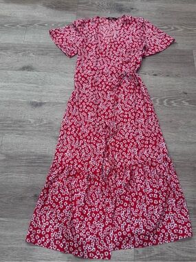 Commense Red White Floral Wrap Dress Short Sleeve Tie Waist Tiered S